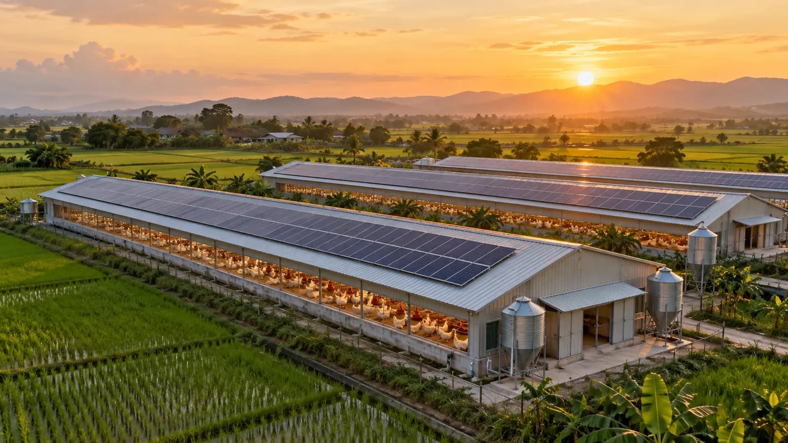 Ảnh minh họa trang trại gà có pin điện mặt trời trên mái chuồng