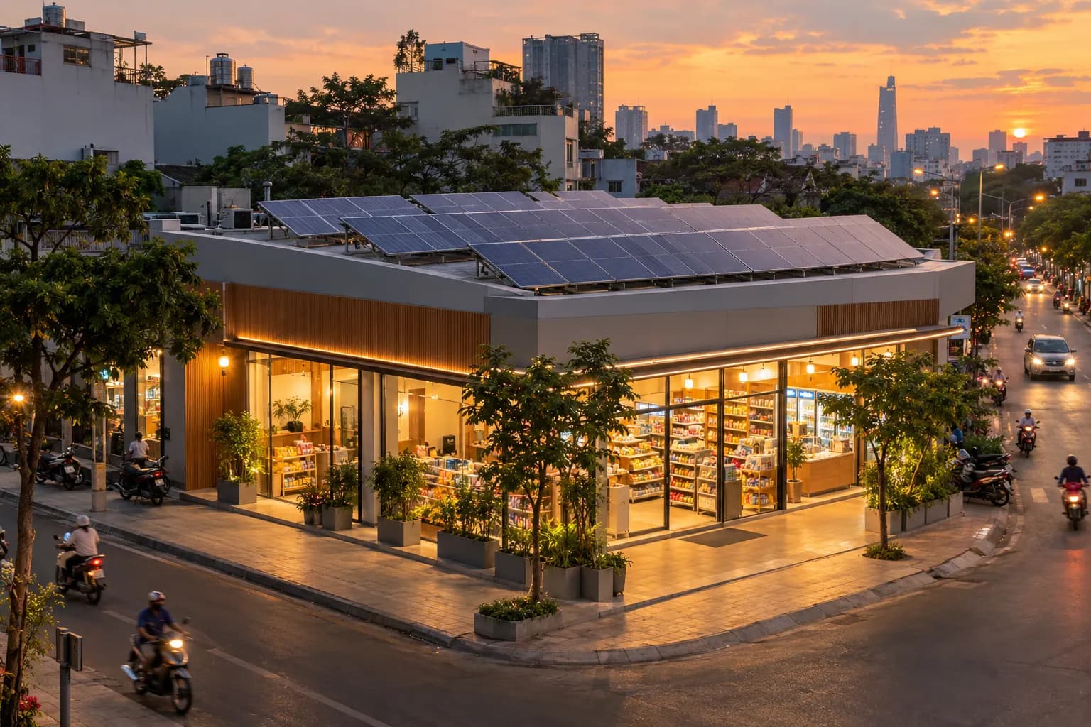 Ảnh minh họa cửa hàng tiện lợi Việt Nam với pin trên mái
